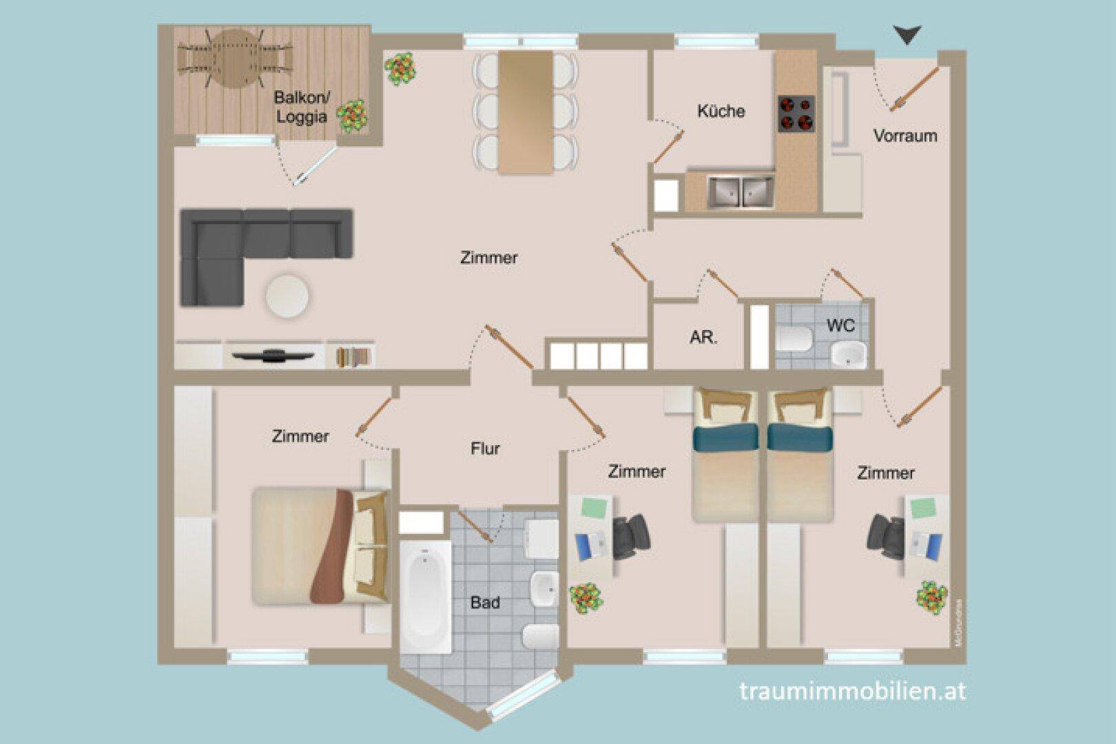 Grundriss einer 4-Zimmer-Wohnung mit separater Küche, Bad, WC und Balkon/Loggia.