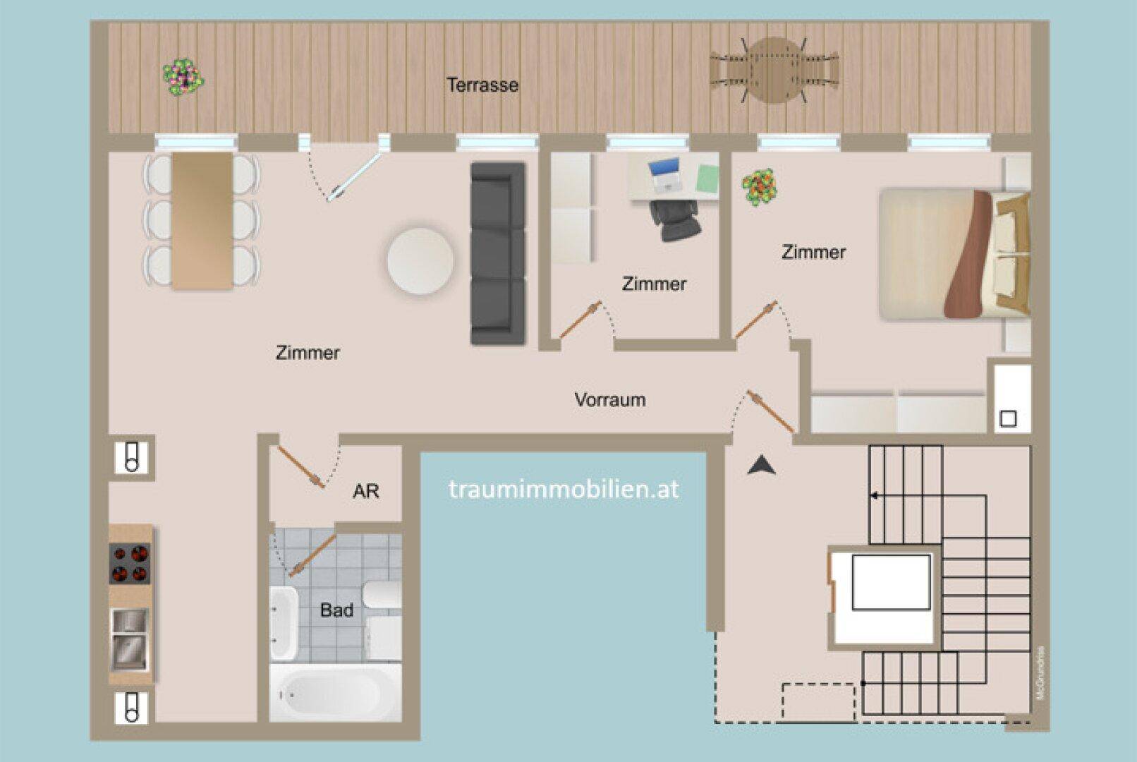 Grundrissplan einer Wohnung mit drei Zimmern, Küche, Bad und großer Terrasse.
