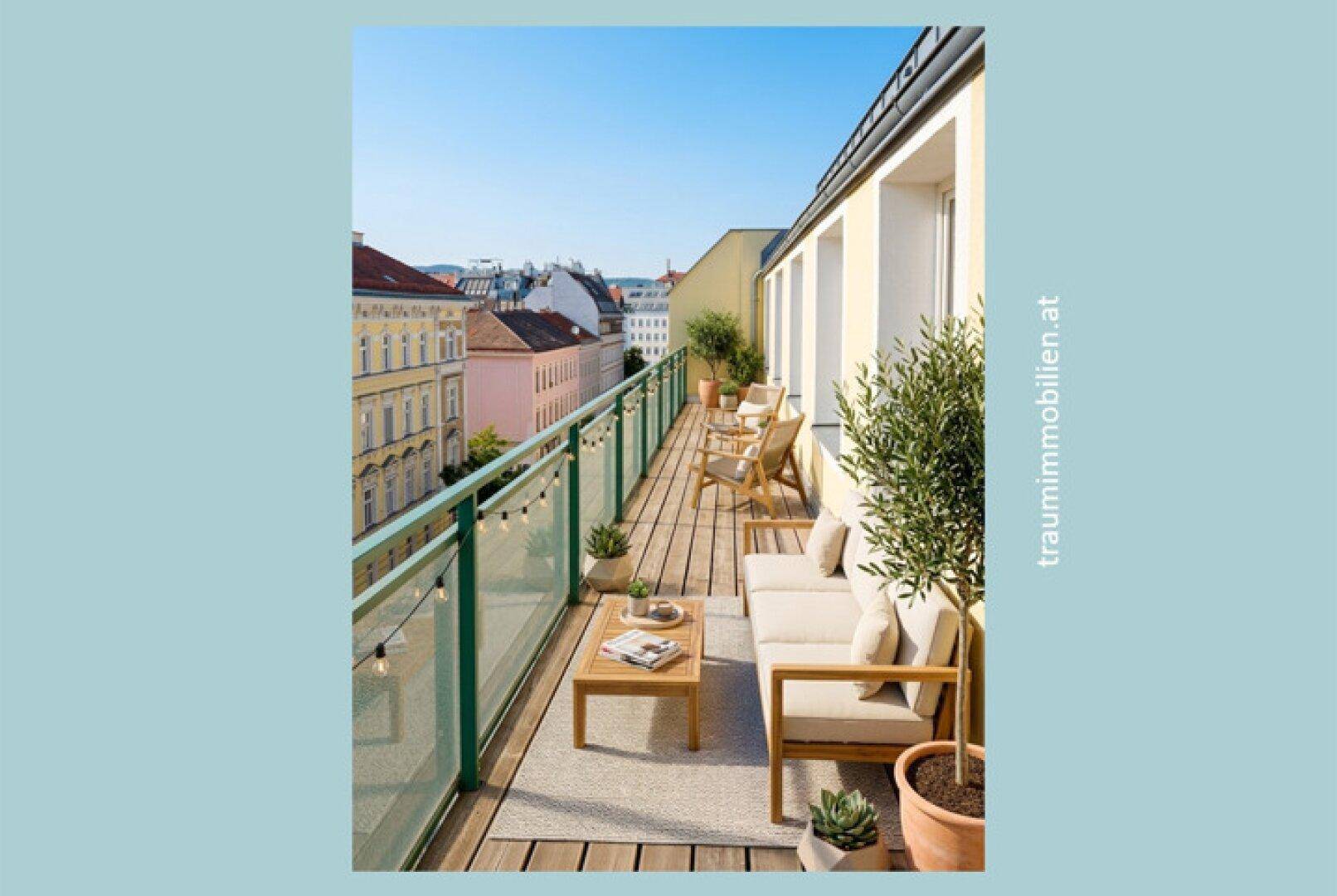 Langer Balkon mit Holzboden, Sitzgelegenheiten und Blick über die Stadt.