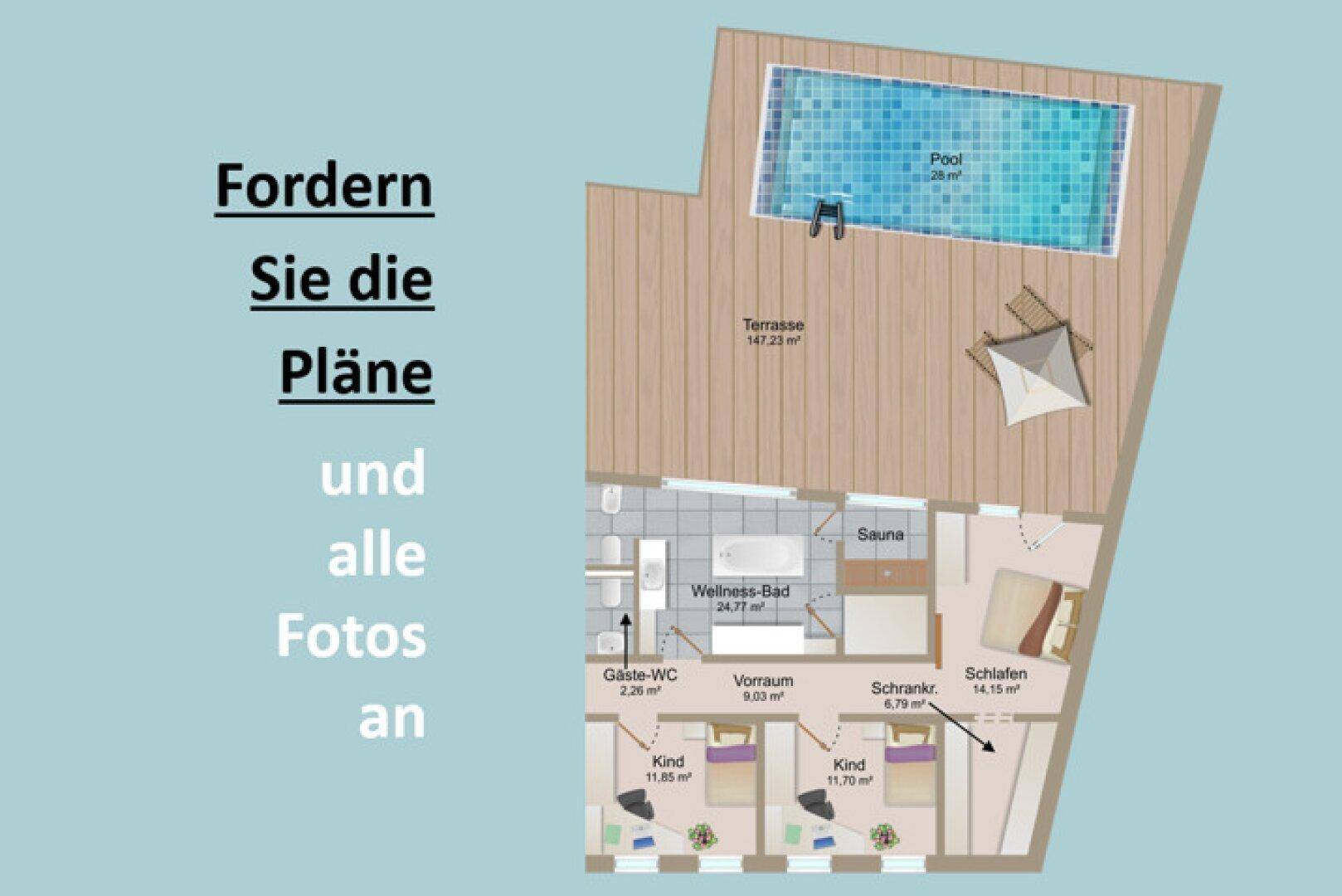 Grundriss mit großer Terrasse, Pool, Wellness-Bad, Sauna und zwei Kinderzimmern.