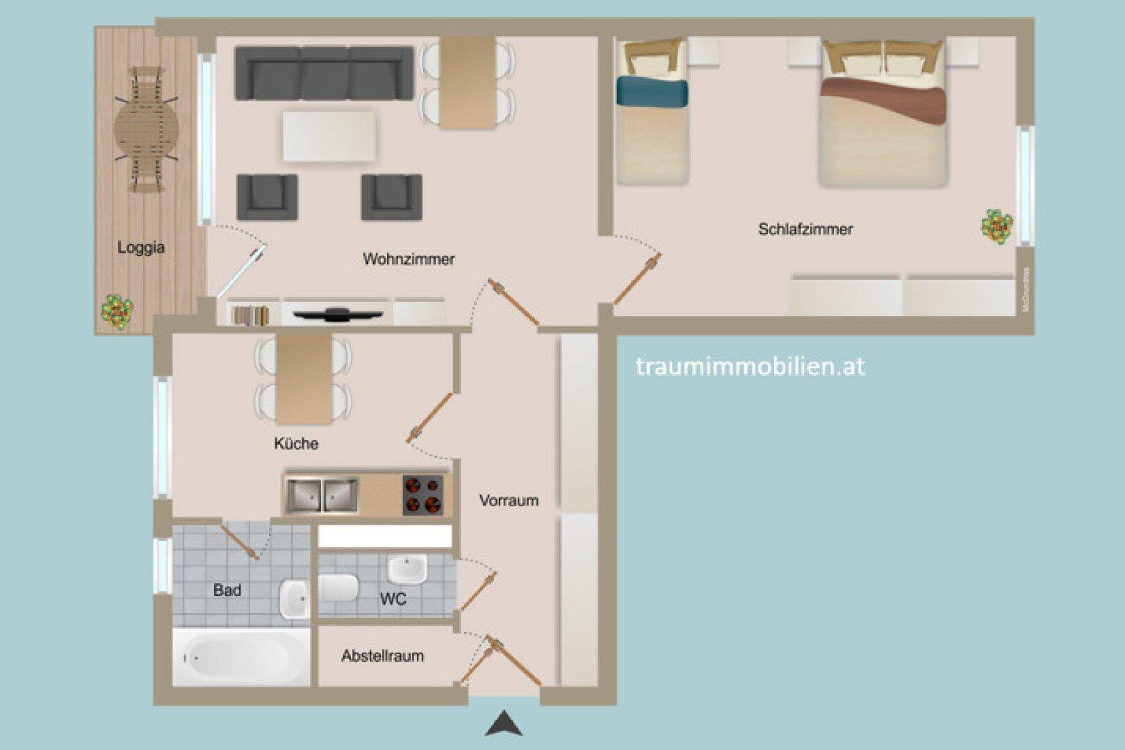 Übersichtlicher Grundriss einer Wohnung mit zwei Schlafzimmern und Loggia.