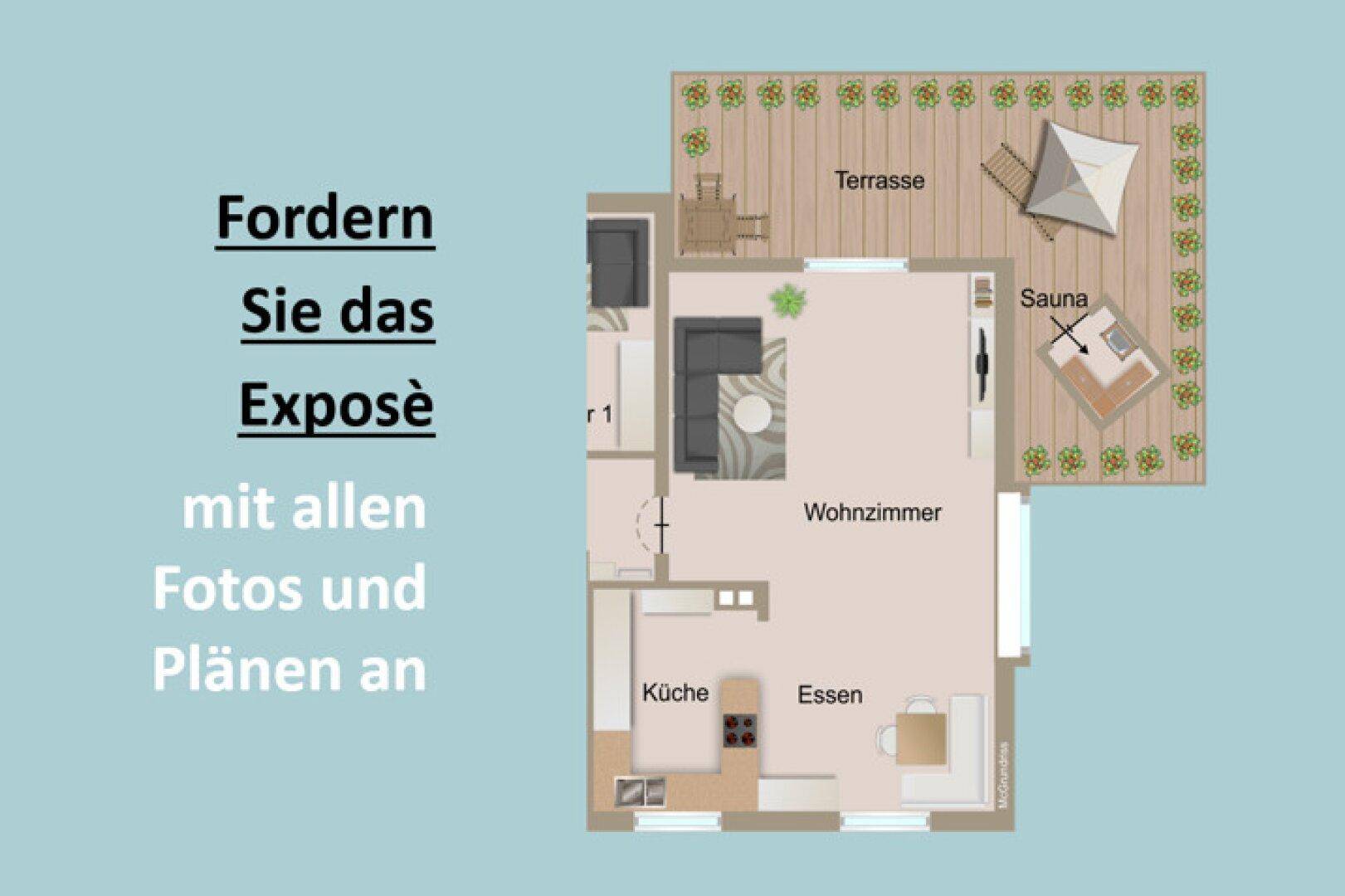 Grundriss zeigt Wohnzimmer, Küche, Essbereich, Terrasse und Sauna.