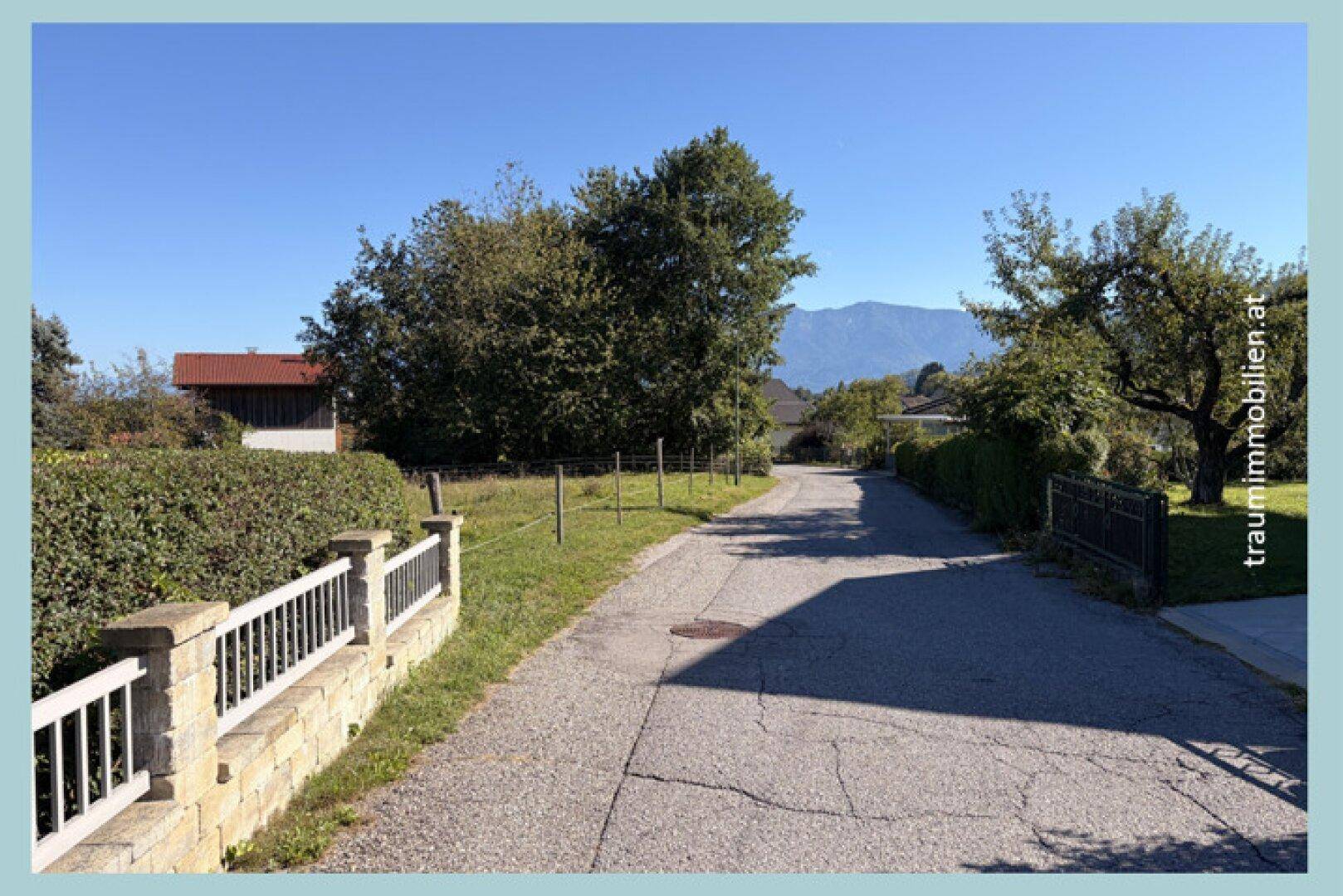 Ländliche Straße mit Steinmauer und Hecken, die zu einem Grundstück führt, mit Bergen im Hintergrund.