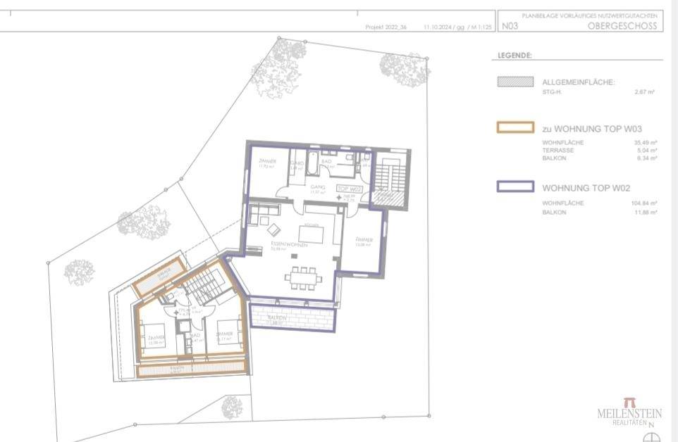 Grundriss des Obergeschosses mit Wohnungen, Balkonen und einer weiteren Terrasse.
