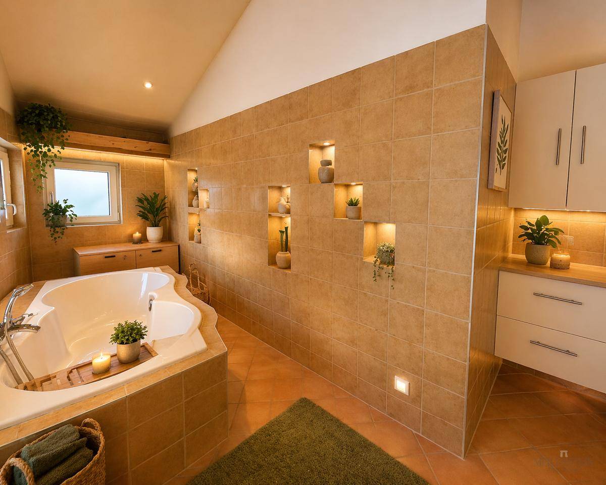 Geräumiges Badezimmer mit großer Eckbadewanne, beigen Fliesen und dekorativen Nischen mit Beleuchtung.