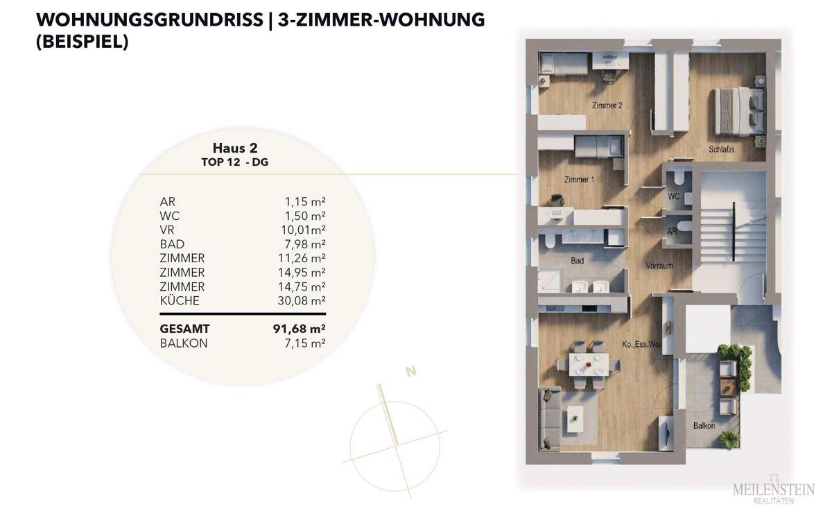 Grundriss einer 3-Zimmer-Wohnung mit offenem Wohnbereich, zwei Bädern und Balkonzugang.