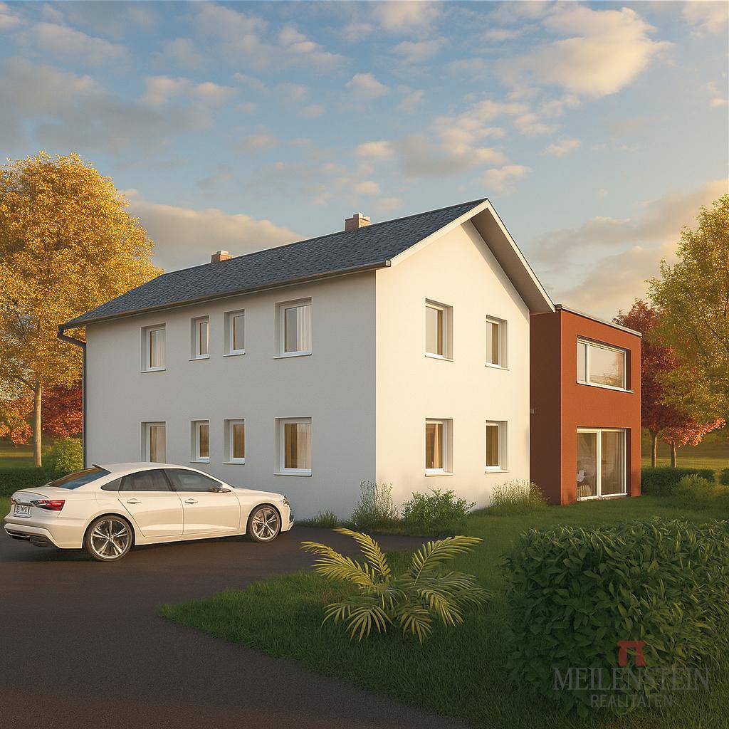 Visualisierung eines modernen Einfamilienhauses mit weißer Fassade und rotem Anbau, umgeben von Bäumen.
