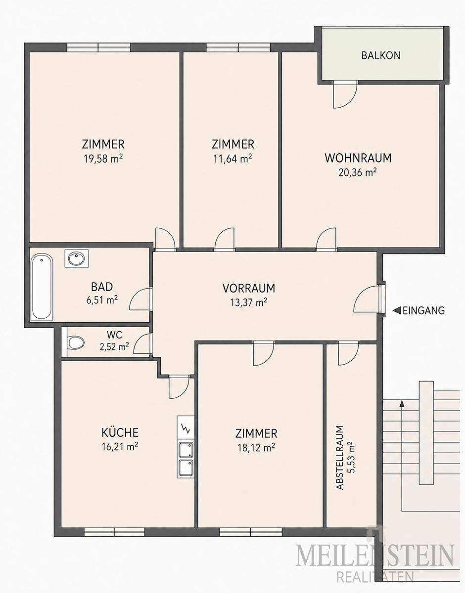 Detaillierter Grundriss der Wohnung mit Raumaufteilung, Flächenangaben und Balkon.