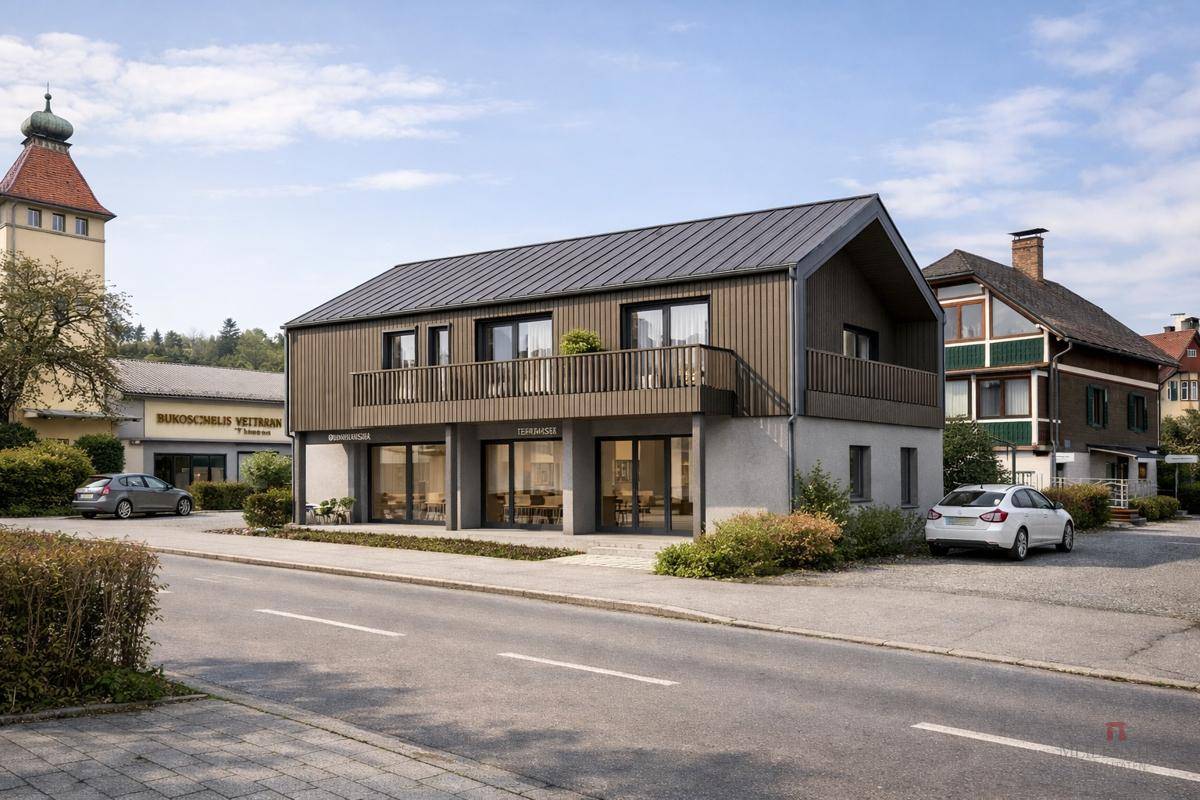 Moderne Architektur eines Geschäfts- und Wohnhauses mit Holzfassade, Balkonen und großen Glasfronten an einer Straße.