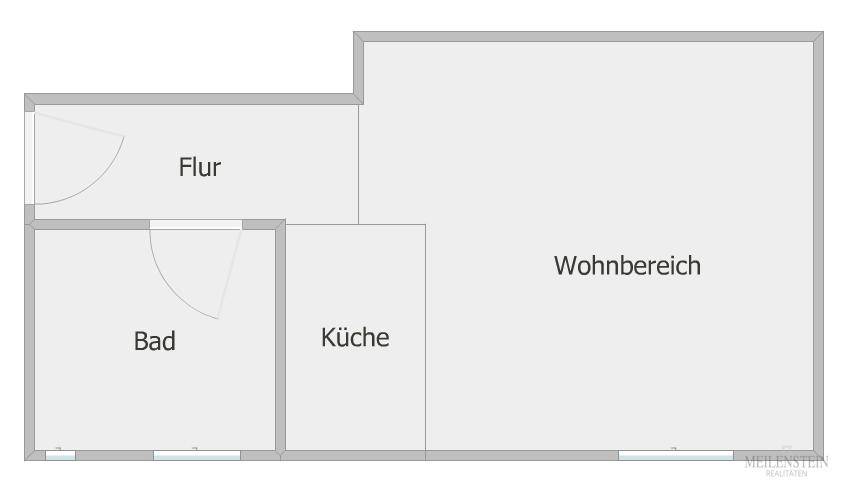 Grundriss der Wohnung mit separater Küche, Bad und offenem Wohnbereich.