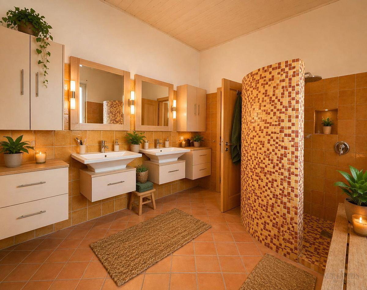 Modernes Badezimmer mit Doppelwaschbecken, begehbarer Dusche und Terrakotta-Fliesen.