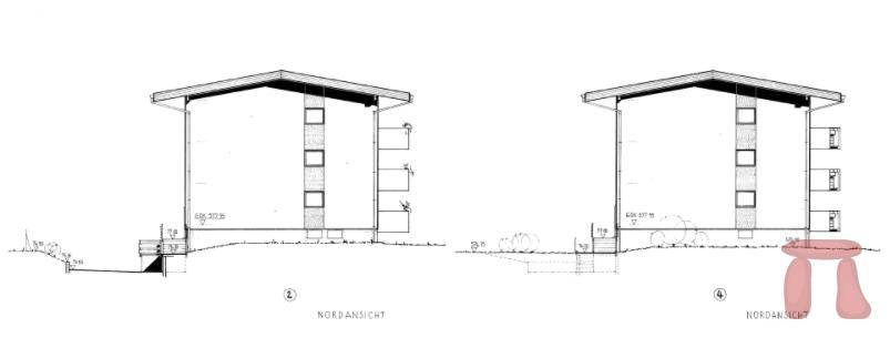 Architektonische Seitenansichten des Gebäudes mit Dachüberstand und Fenstern.