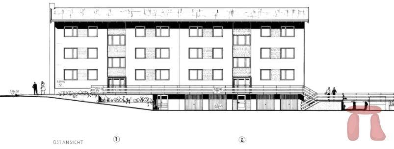 Architektonische Ansicht der Gebäudefassade mit mehreren Etagen und Balkonen.