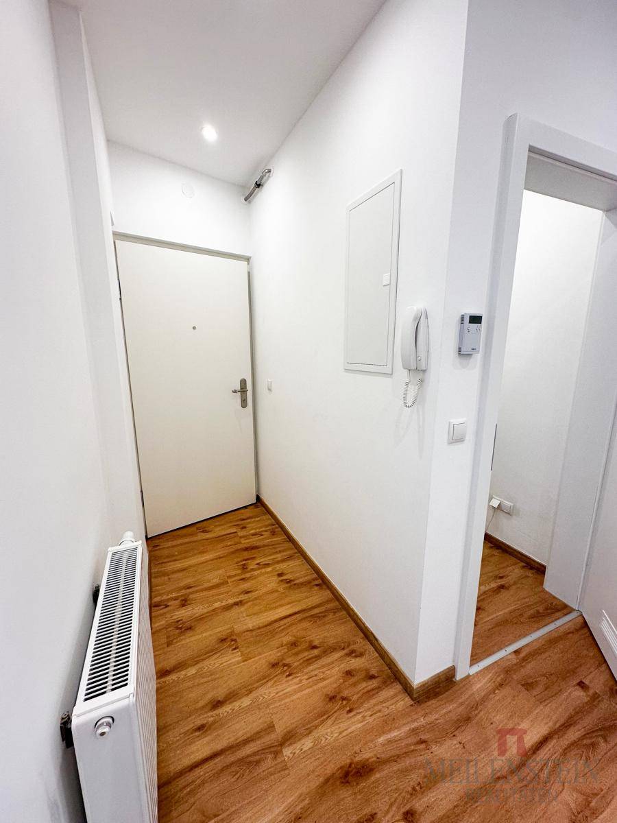 Eingangsbereich mit Holzboden, Gegensprechanlage und Heizkörper, führt in die Wohnung.