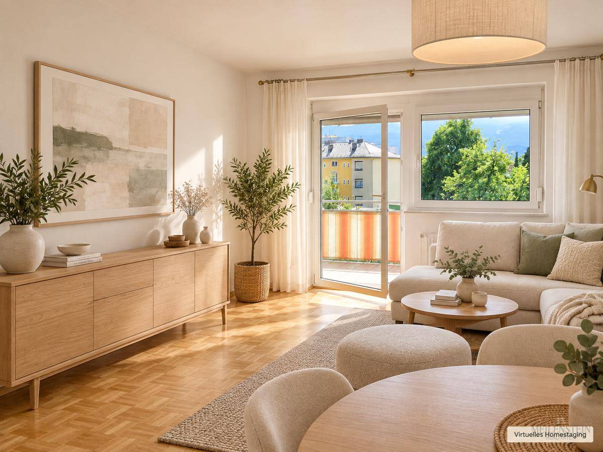 Modern inszeniertes Wohnzimmer mit hellem Mobiliar, Parkettboden und direktem Balkonzugang.