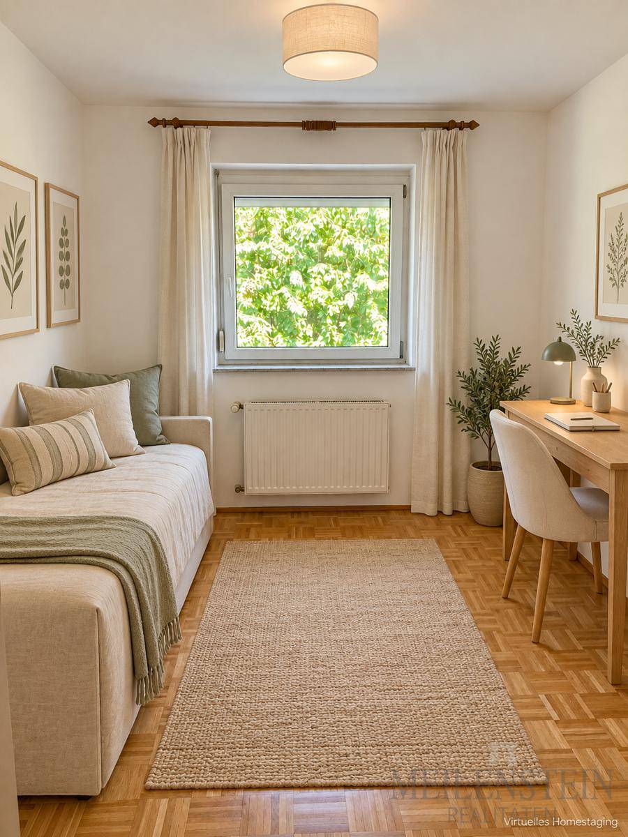 Modern eingerichtetes Schlafzimmer oder Büro mit Tagesbett, Schreibtisch und Parkettboden.