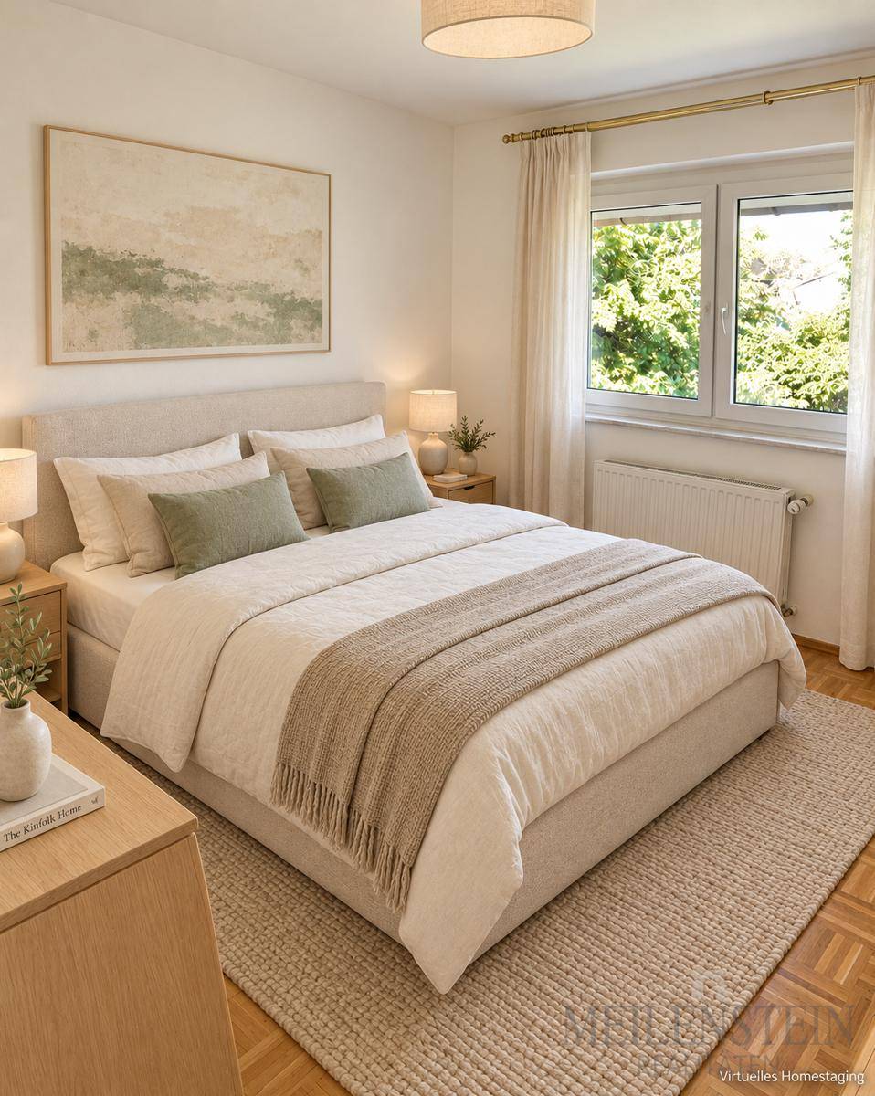 Virtuell inszeniertes Schlafzimmer mit Doppelbett, Nachttischen und Parkettboden.