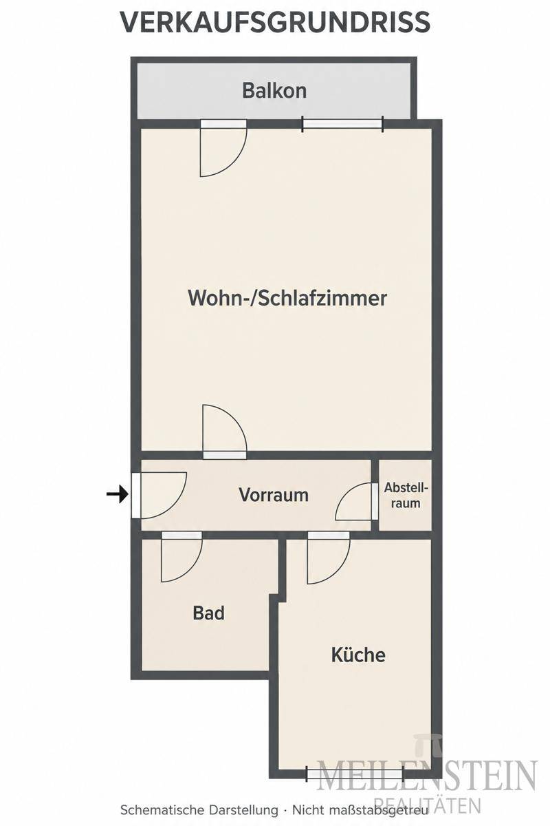 Grundriss der Wohnung mit Wohn-/Schlafzimmer, Küche, Bad und Balkon.