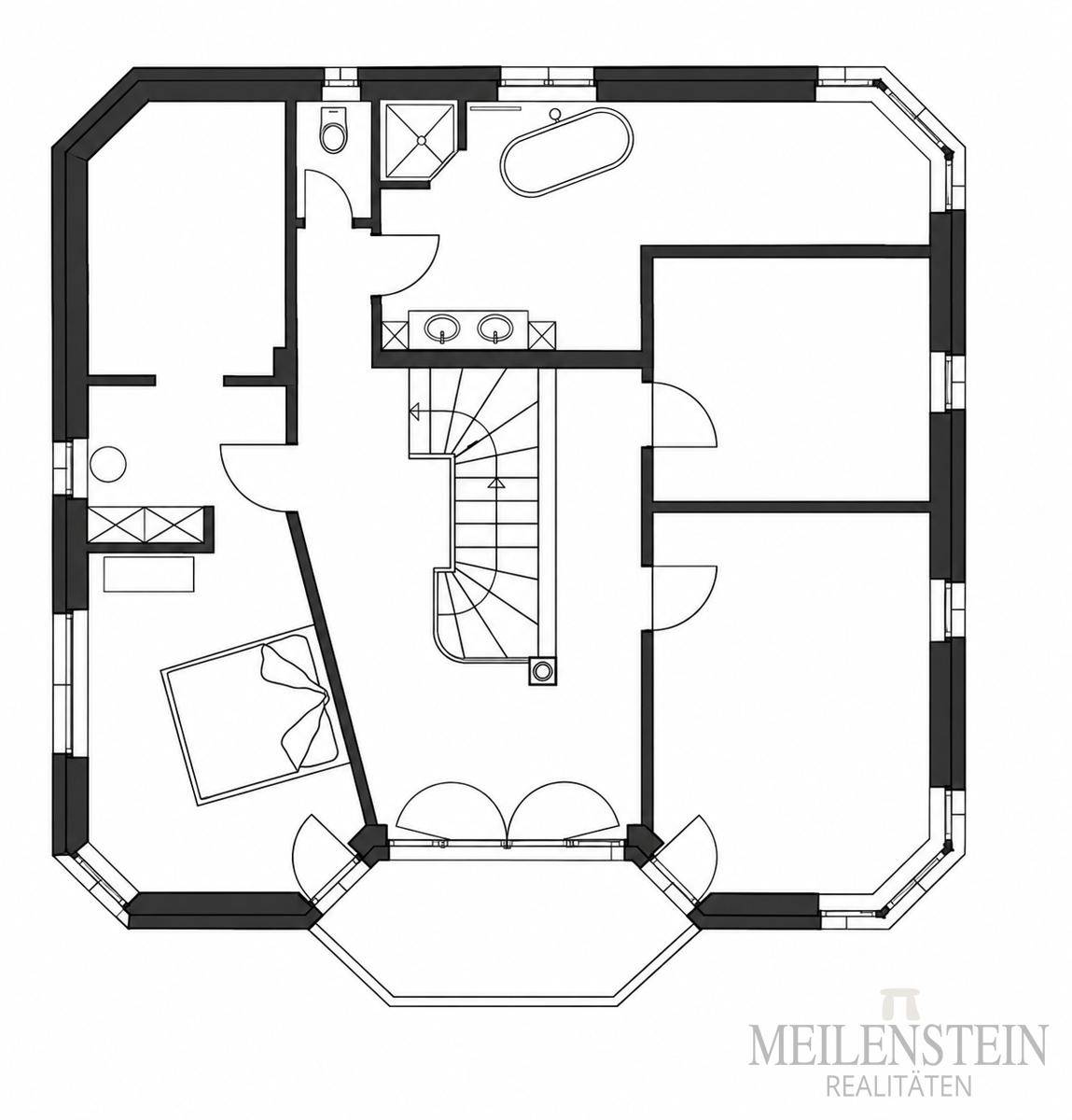 Grundriss des Obergeschosses mit Schlafzimmern, Badezimmer und Treppenaufgang.