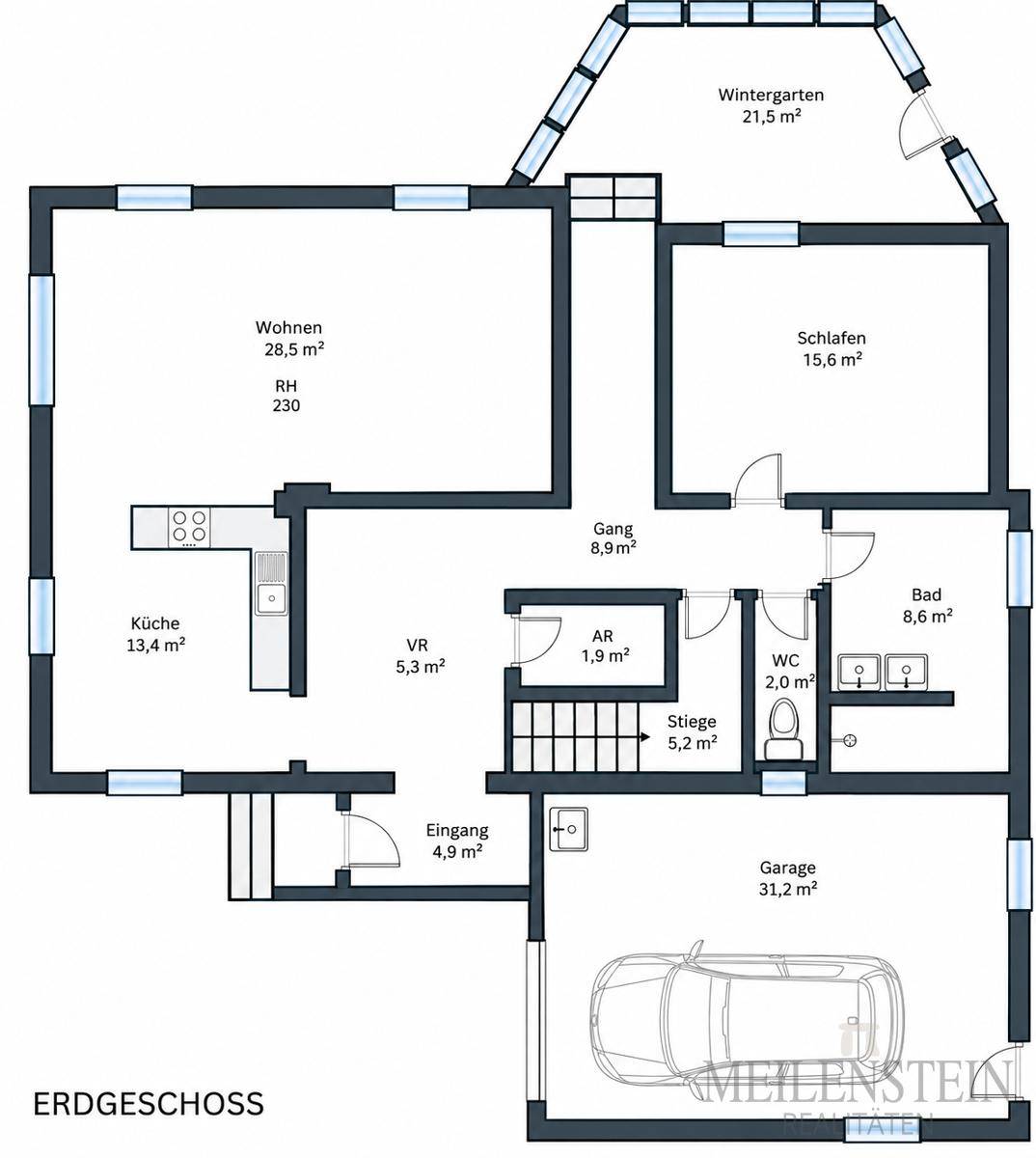 Grundriss des Erdgeschosses mit Küche, Wohnzimmer, Schlafzimmer, Bad, Garage und Wintergarten.