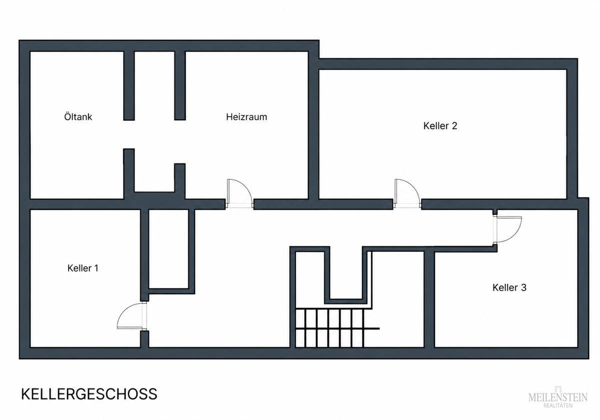 Grundriss des Kellergeschosses mit Öltank, Heizraum und drei separaten Kellerräumen zur Lagerung.