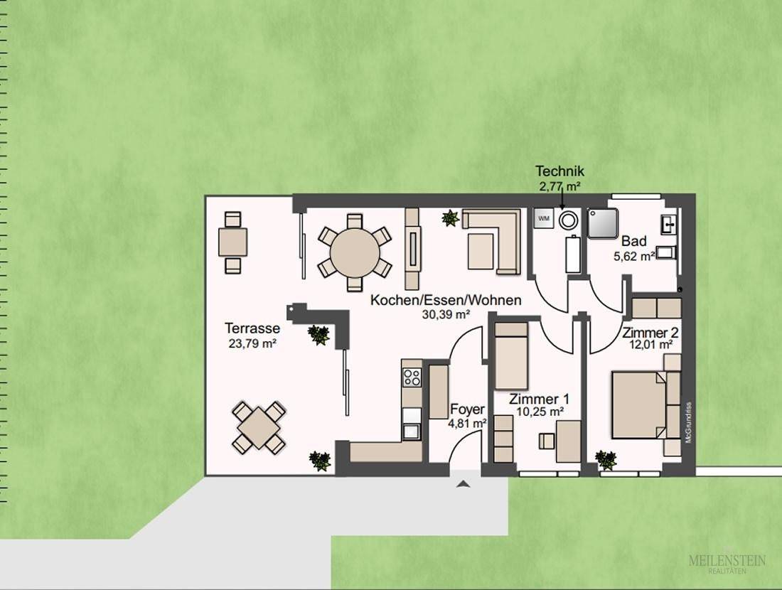 Grundriss zeigt offenes Wohnen, zwei Schlafzimmer, ein Bad und eine große Terrasse.