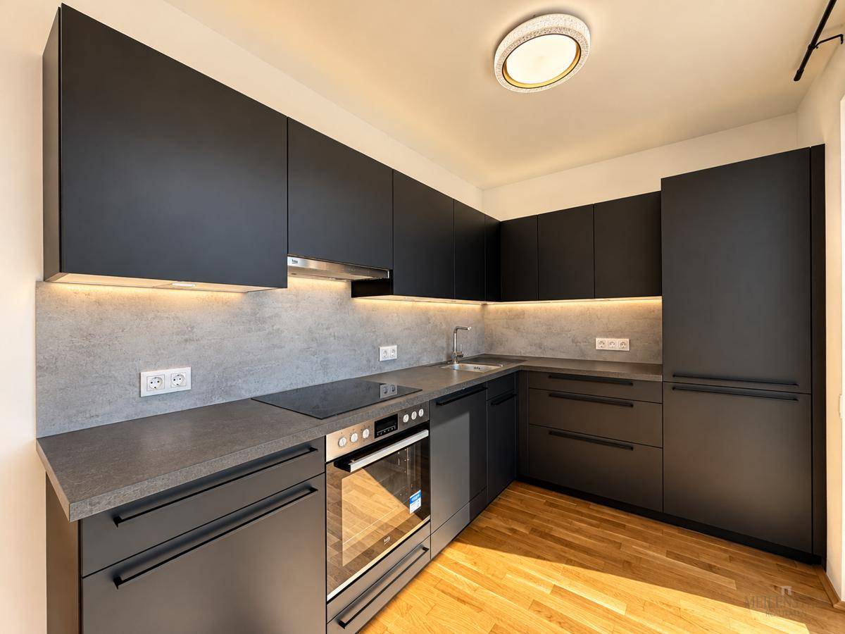 Moderne Einbauküche mit schwarzen Fronten, Induktionskochfeld und integrierten Geräten.