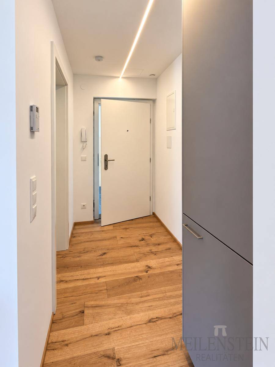 Heller Flur mit Holzboden und moderner Deckenbeleuchtung, führt zu weiteren Räumen.