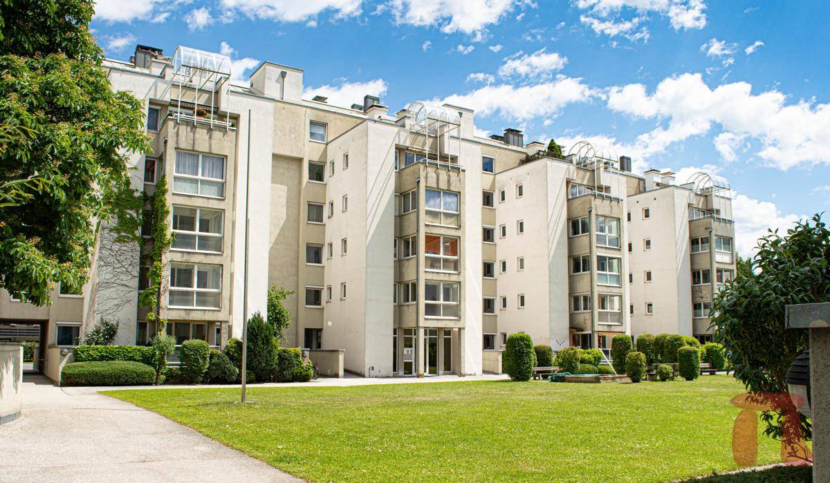 Gepflegte Außenanlage mit weitläufiger Rasenfläche und modernen Wohngebäuden im Hintergrund.