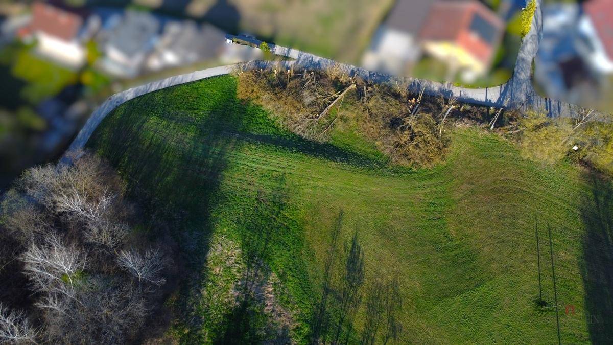 Luftaufnahme einer grünen Wiese mit Bäumen und einem geschwungenen Weg, der das Grundstück begrenzt.