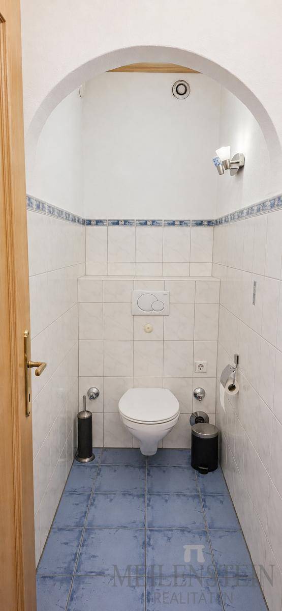 Separates Gäste-WC mit wandhängender Toilette, blauen Bodenfliesen und weiß gefliesten Wänden.