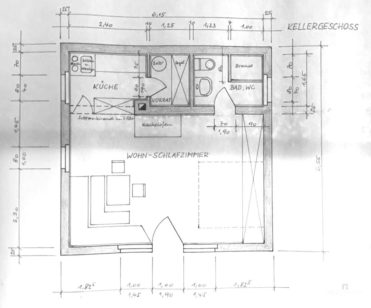 Grundriss des Kellergeschosses mit Wohn-Schlafzimmer, Küche und Bad.