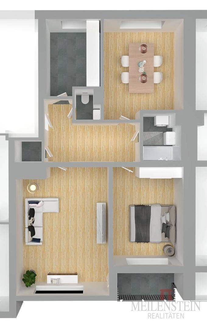Detaillierter Grundriss der Wohnung mit Möblierung und Raumaufteilung.