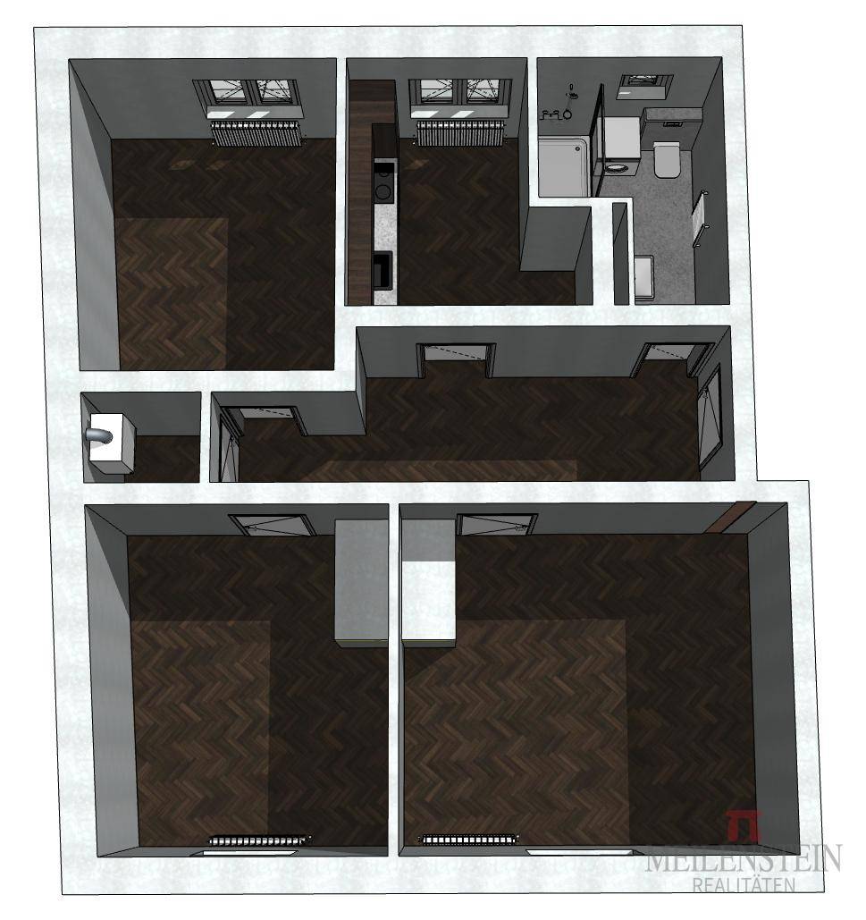 3D-Grundrissvisualisierung einer Wohnung mit Fischgrätparkett und moderner Einrichtung.