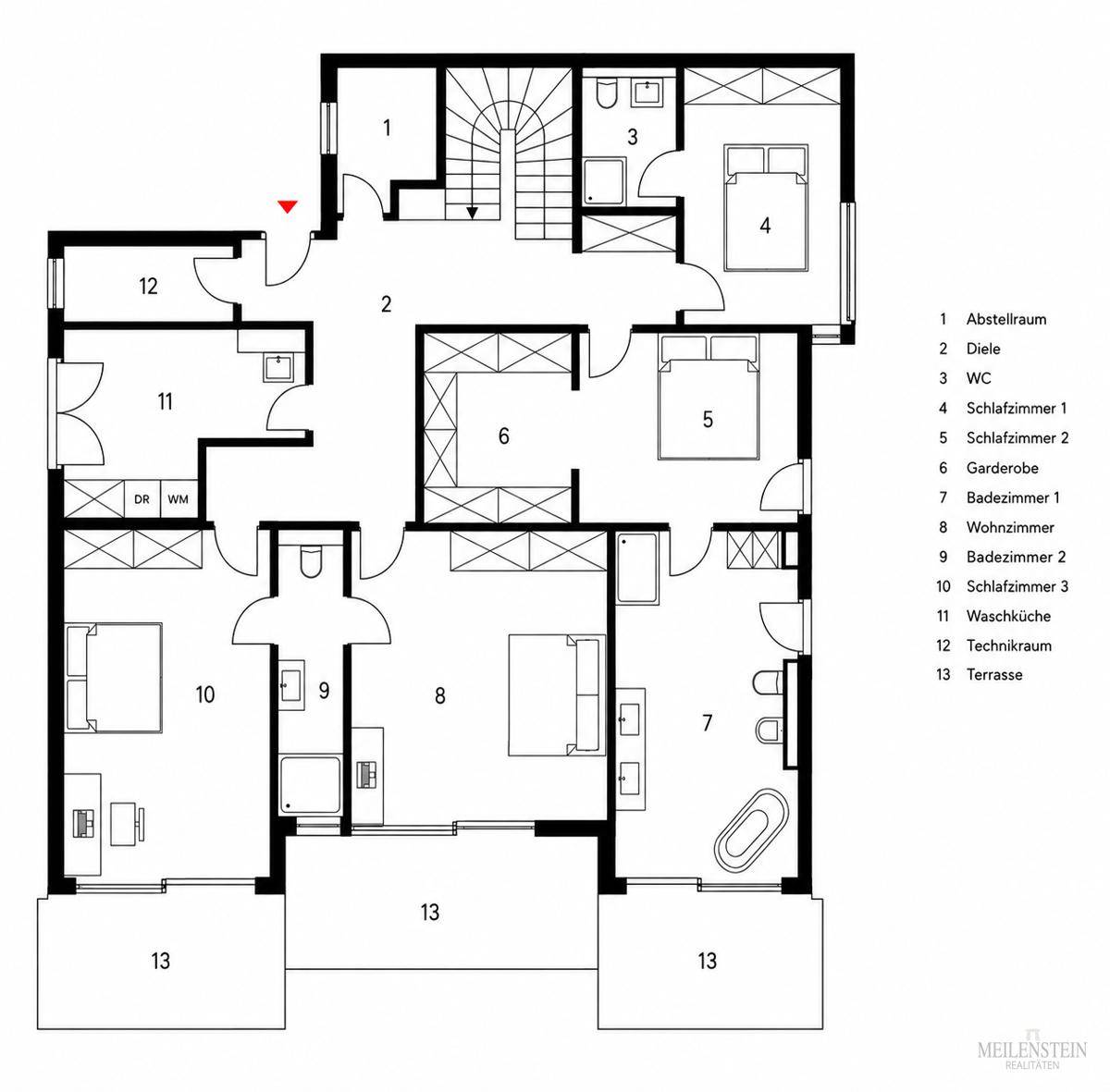Grundriss des Obergeschosses mit drei Schlafzimmern, zwei Bädern und mehreren Terrassen.