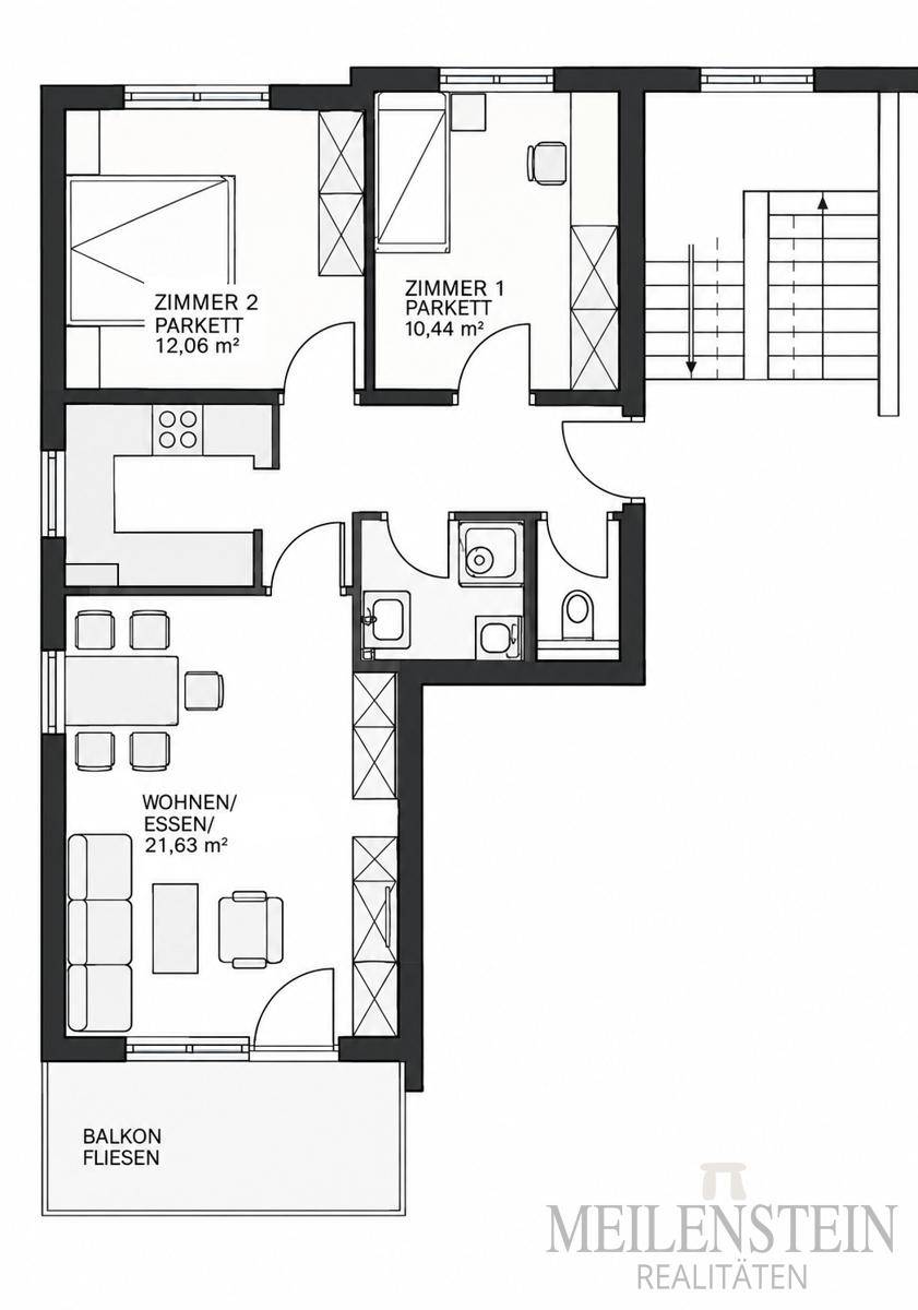 Grundriss einer Wohnung mit zwei Schlafzimmern, offenem Wohn-/Essbereich, Küche, Bad und Balkon.