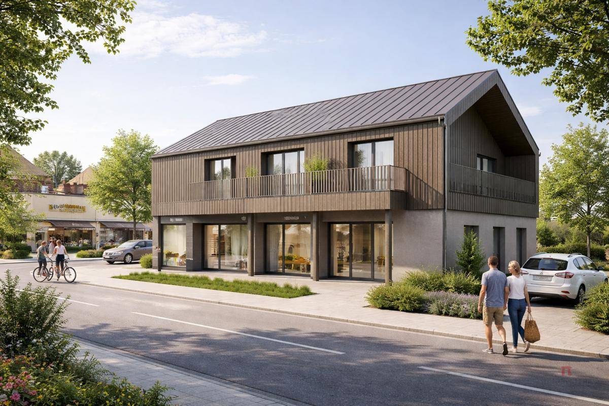Moderne Architektur eines Geschäfts- und Wohnhauses mit Holzfassade, Balkonen und großen Glasfronten an einer Straße.
