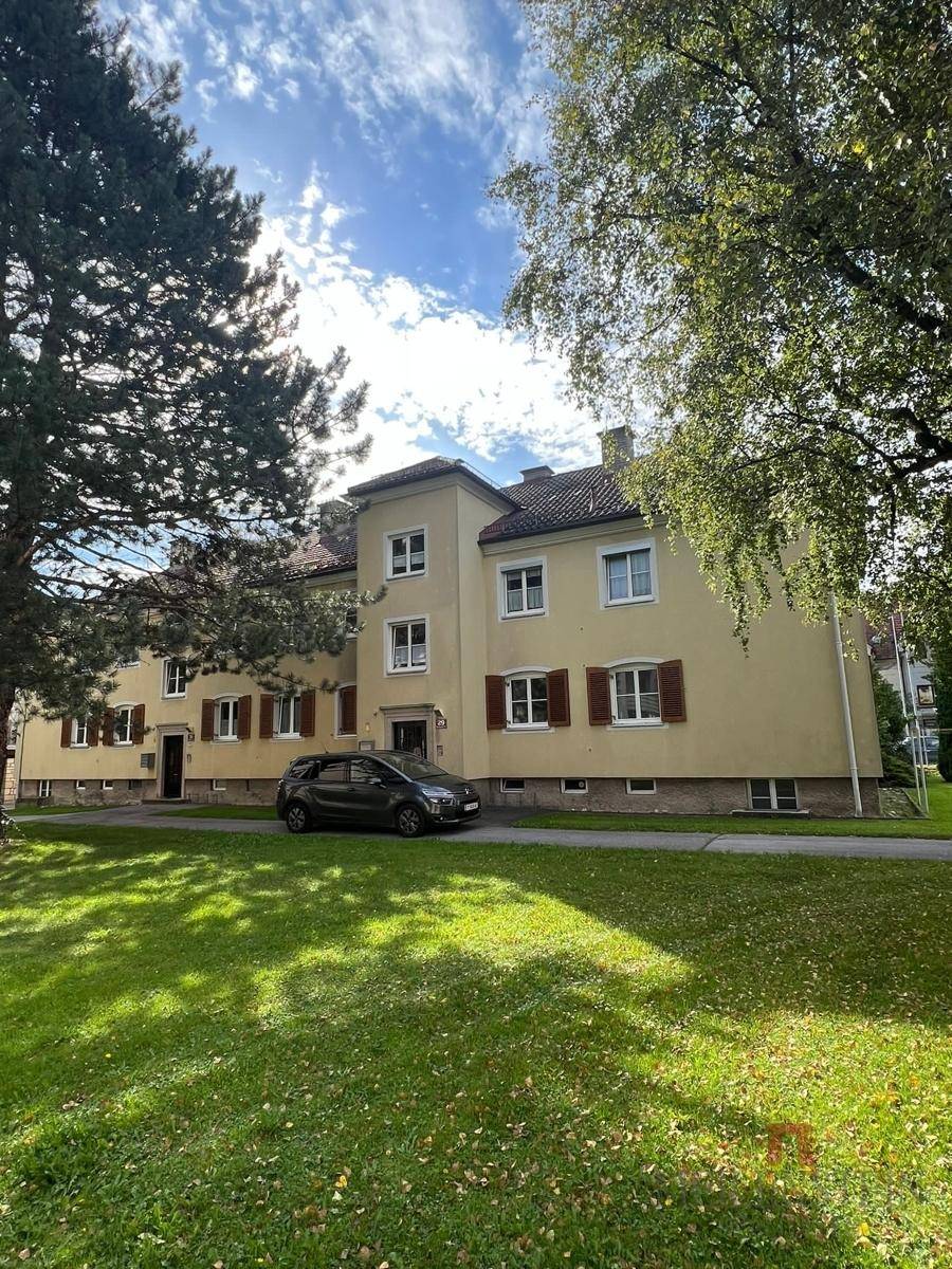 Gebäudeansicht mit einem geparkten Auto auf dem Rasen und hohen Bäumen im Vordergrund.
