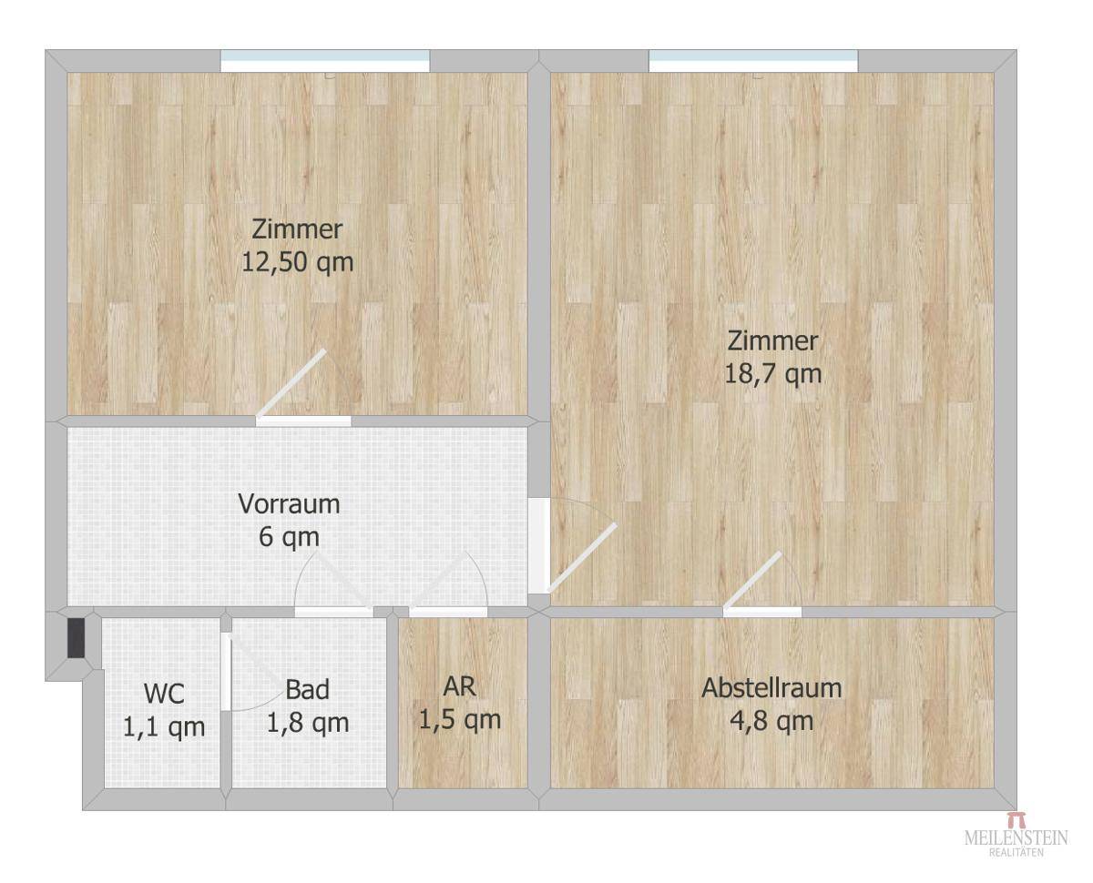 Grundriss mit zwei Zimmern, Vorraum, Bad, WC und Abstellräumen.