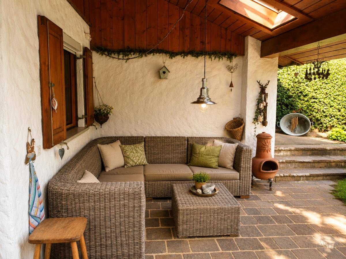 Überdachte Terrasse mit Rattan-Lounge-Möbeln, Holzbalken und einem Terrakotta-Ofen.