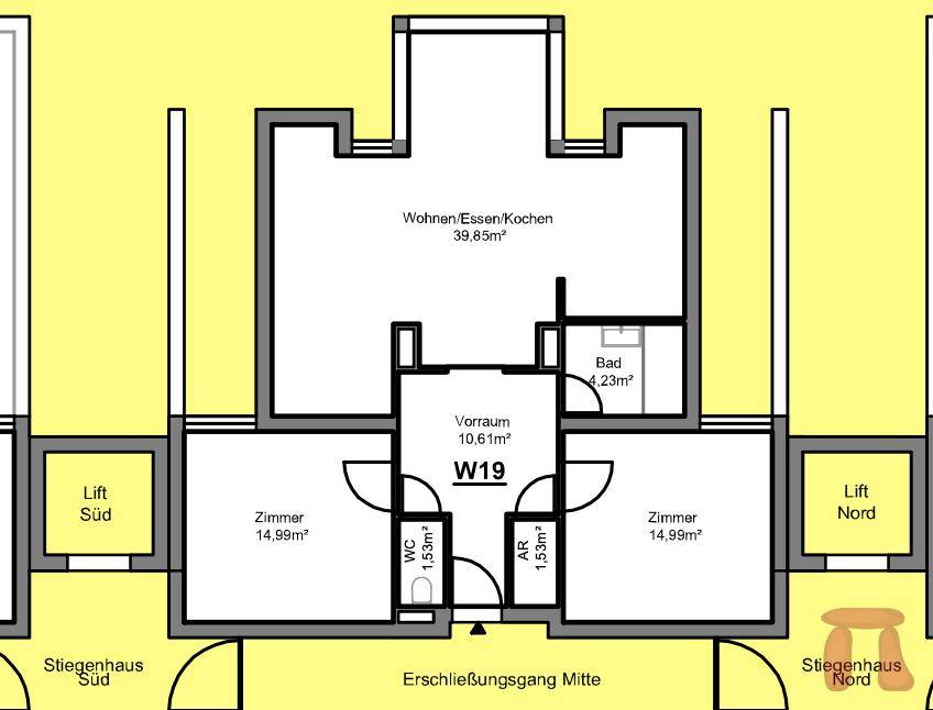Grundriss der Wohnung W19 mit offenem Wohn-/Ess-/Kochbereich und zwei Schlafzimmern.