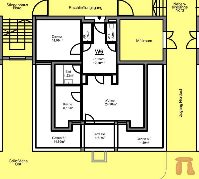 Grundriss der Wohnung W6 mit Zimmer, Bad, Küche, Wohnbereich, Terrasse und zwei Gärten.