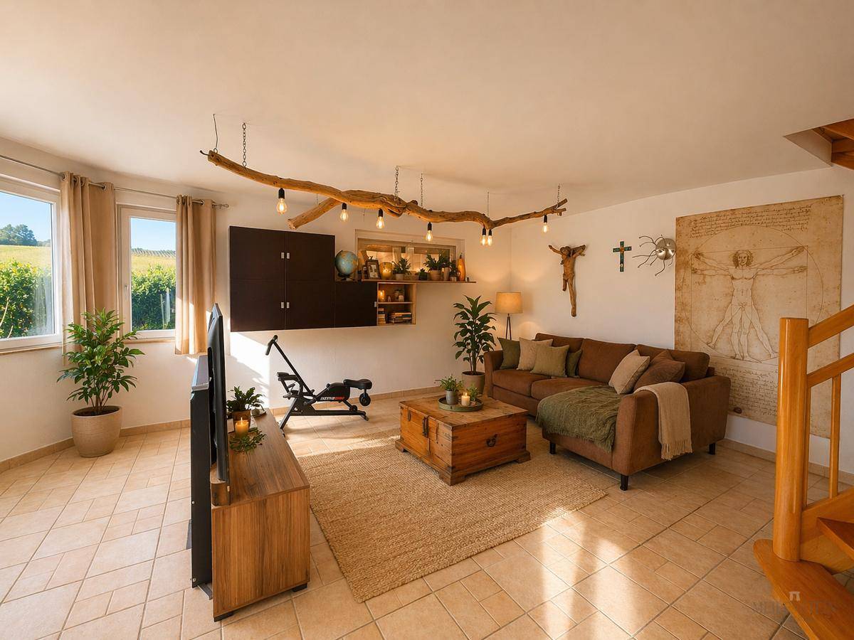 Geräumiges Wohnzimmer mit beigem Sofa, Fliesenboden und dekorativen Elementen an den Wänden.