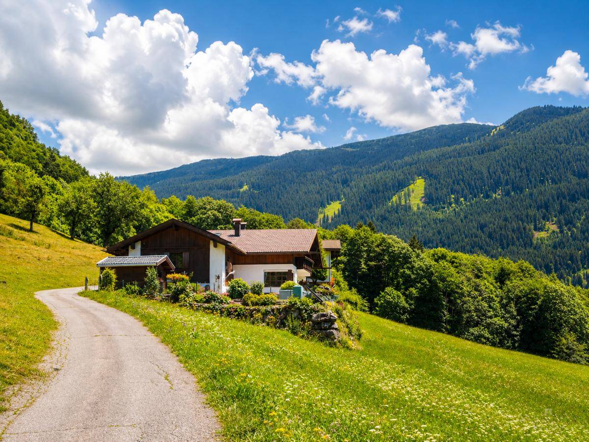 Haus in ländlicher Umgebung mit Zufahrtsweg, umgeben von grünen Wiesen und bewaldeten Bergen.