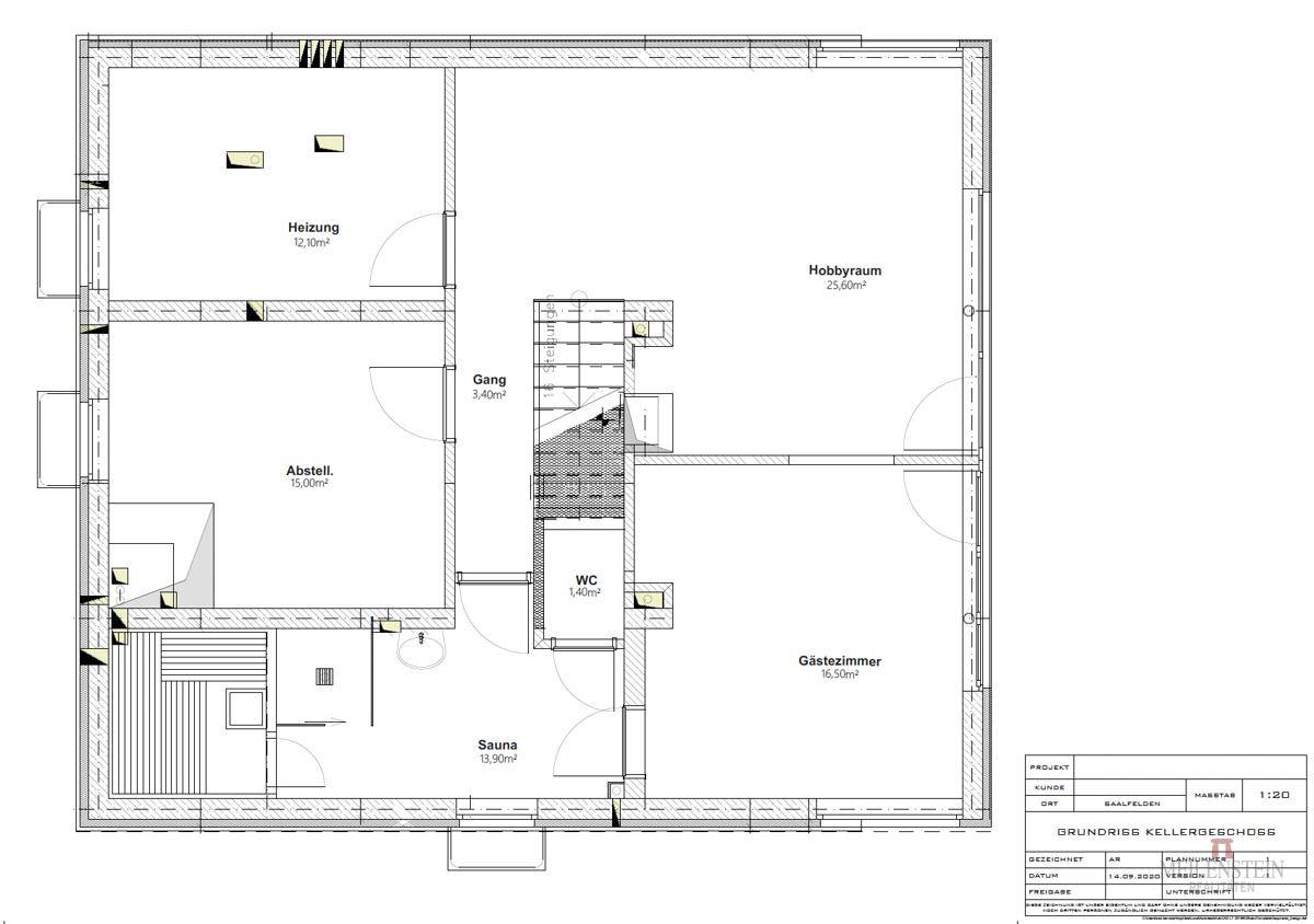 Grundriss des Kellergeschosses mit Sauna, Hobbyraum und Gästezimmer, detailliert dargestellt.