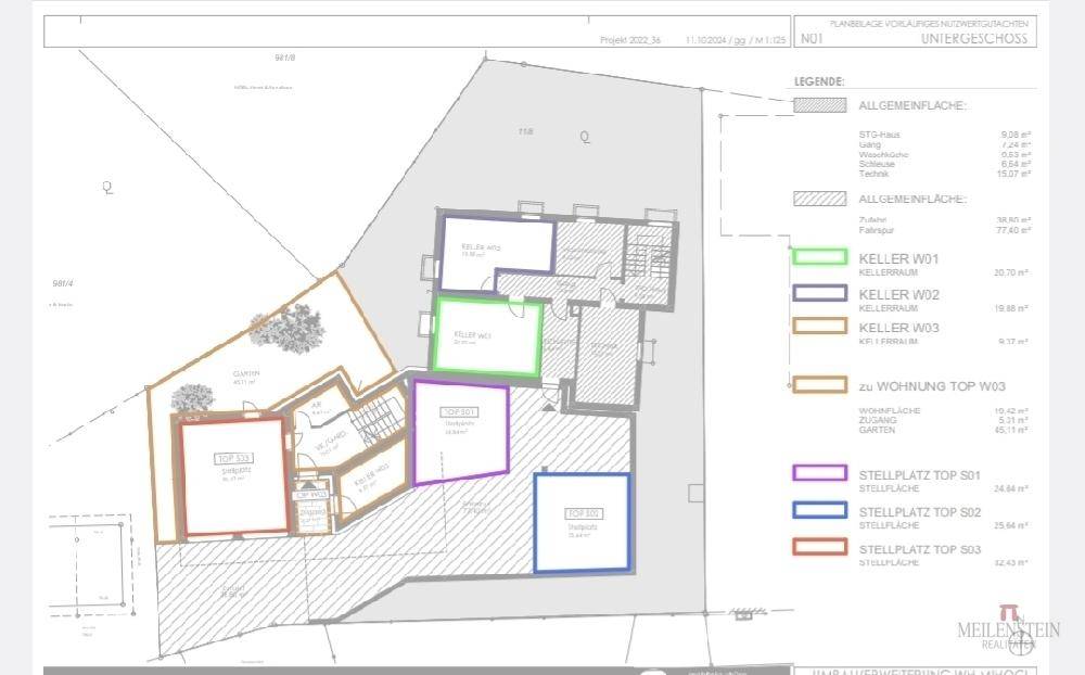 Grundriss des Untergeschosses mit Kellerabteilen und Stellplätzen für Fahrzeuge.