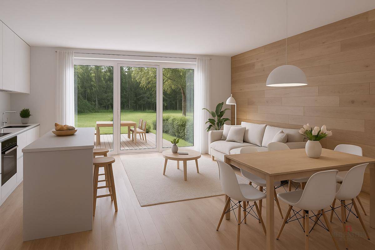Modernes, minimalistisches Wohnzimmer mit Waldblick