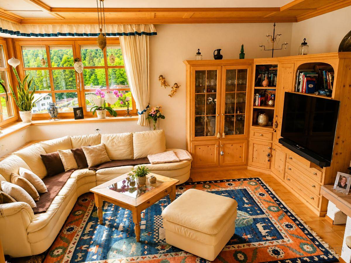 Helles Wohnzimmer mit Ecksofa, Holzmöbeln und einem farbenfrohen Teppich im Landhausstil.