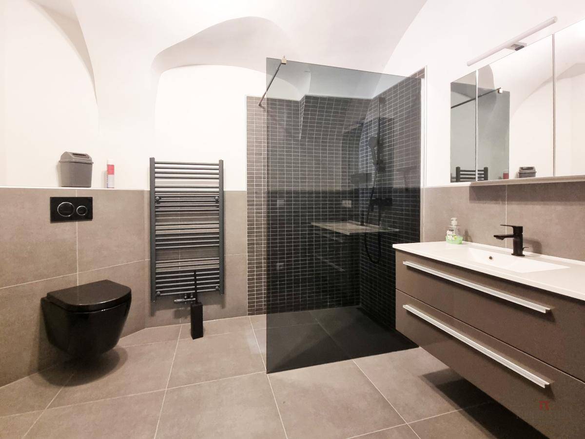 Modernes Badezimmer mit begehbarer Dusche, dunklen Fliesen und Wand-WC.