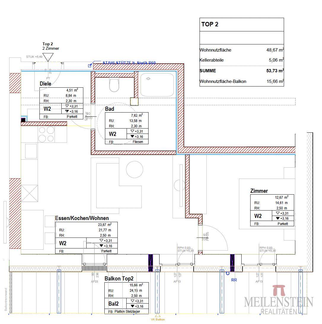 Detaillierter Grundriss der Wohnung Top 2 mit Raumaufteilung und Balkon.